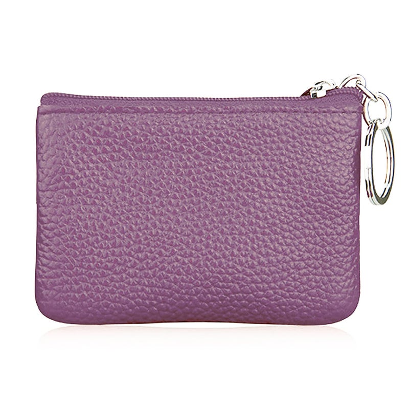 Hibate Purple Small Leather Coin Purse Change Pouch for Women Men Kids with Zip Key Ring - Image 2